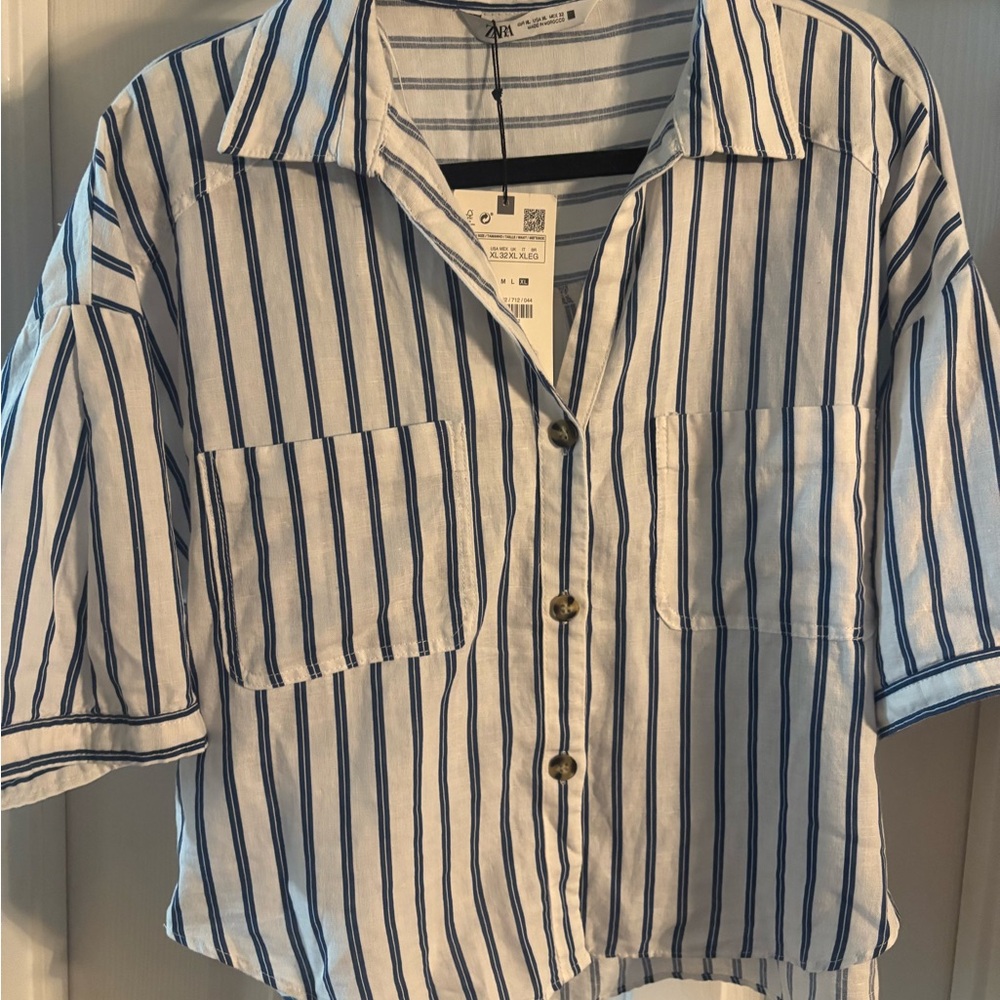 Zara Blue and White Button Down Shirt with 3/4 Sleeves